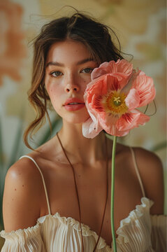 Stunning model in a photo shoot holding a single flower in her hand