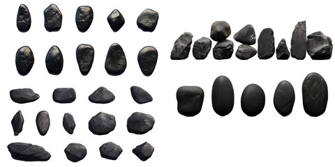 Obraz premium Collection of black stone isolated on a white background as transparent PNG
