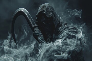 3D reaper with a sickle against a dark setting, with swirling smoke, close-up