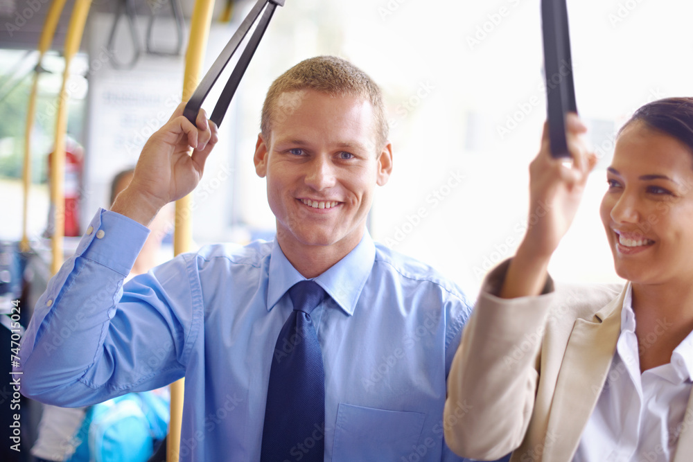 Canvas Prints People, businesspeople and passengers on bus for public transport, transit and commute with happiness in urban city. Business man, woman and coworkers together in shuttle vehicle to workplace