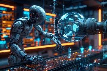 Fototapeta premium future robotic arms performing automated medical health care operation for future precision surgical robot and remote control hospital equipment as wide banner design with information hologram