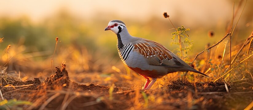 A red-legged partridge, scientifically known as Alectoris rufa, stands in the middle of a field, facing left. The bird appears alert and attentive in its natural habitat.