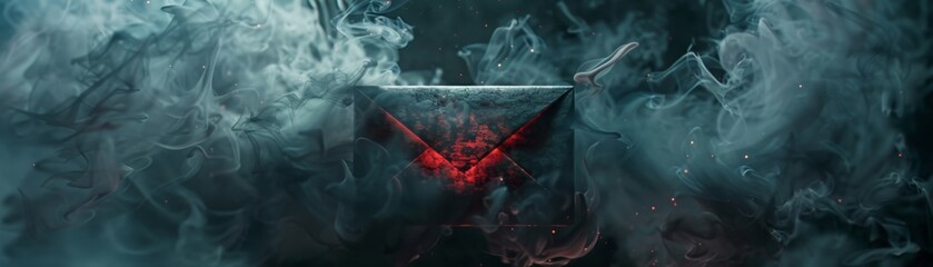 A dark, close-up view of a 3D email enveloped in hellish smoke, with ghostly presences