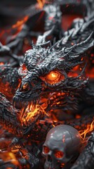 A dark, close-up view of a 3D dragon, reaper, and skull with flames