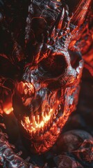 A dark, close-up view of a 3D dragon, reaper, and skull with flames