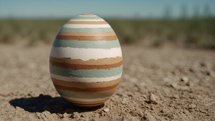 A computer-generated image of a striped Easter egg in earth tones standing upright in a vast desert setting, symbolizing solitude and simplicity