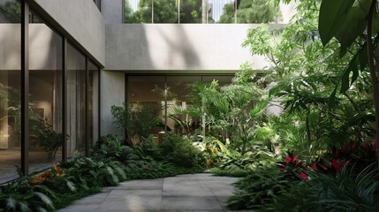 Tropical garden in courtyard of modern building. Generative AI