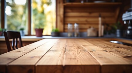 Wooden table in front of modern kitchen interior with appliances and utensils