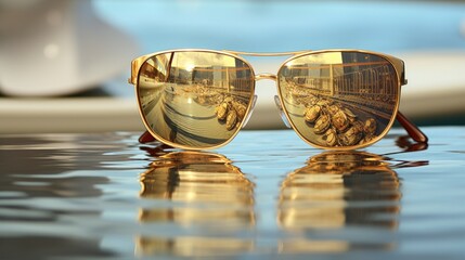 Sunglasses Reflecting a Seaside Boardwalk