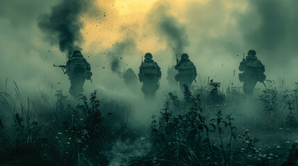 Silhouette of a group of soldiers on a background of red and blue smoke - obrazy, fototapety, plakaty