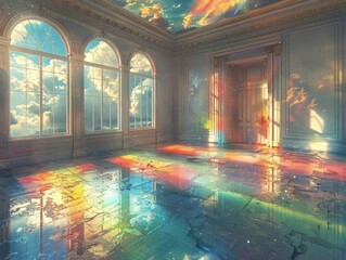 An empty grand palace interior with stained glass windows casting vibrant colorful reflections onto the floor