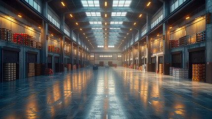Warehouse interior with shelves and boxes in a modern factory building - obrazy, fototapety, plakaty