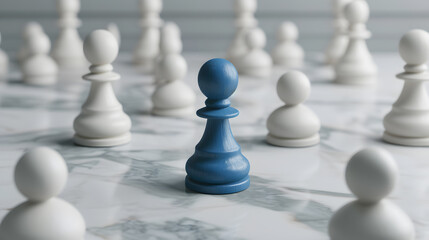 An illustration of the uniqueness of blue colored pawn that stands out distinctively among other white colored ones