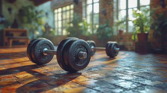 Dumbbells on the floor in a gym, close-up. Selective focus