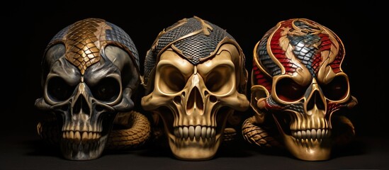 Three skulls with different designs are displayed, each showcasing intricate patterns and details. The skulls are positioned in a row, allowing viewers to appreciate the individual characteristics of