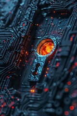Close-up of a 3D keyhole with cyber hacking and nano tech, portrayed in a dark, ominous way