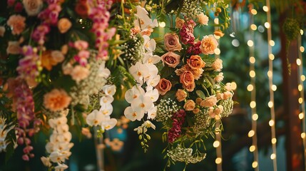 The decoration of several flowers displayed at a wedding venue looks beautiful, generative ai, generaive, ai - obrazy, fototapety, plakaty