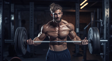 Muscular Man Lifting Barbell in Gym - obrazy, fototapety, plakaty