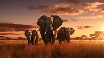 Herd of Elephants Trekking Across the Savanna