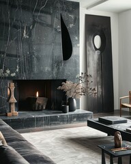 An intriguing image of a minimally designed living space, featuring a sleek fireplace and abstract art installations