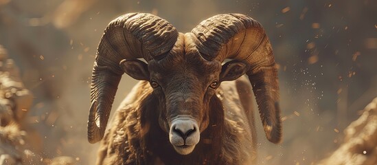 A majestic ram with large horns stands tall in a rugged rocky area, exuding strength and dominance in its natural habitat. The bighorn is captured in a powerful stance, showcasing its impressive