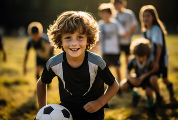 Happy Young Boy Playing Soccer on Field