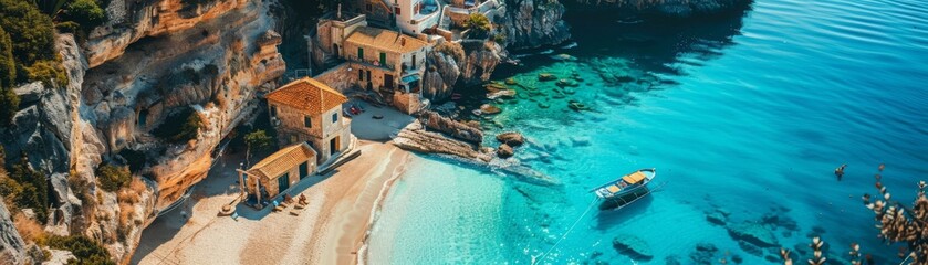 Aerial view of a tranquil beach cove with clear turquoise waters, traditional houses, and a moored boat, reflecting a peaceful getaway. - obrazy, fototapety, plakaty