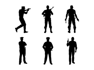 Set of Policeman officer on duty Silhouette in various poses isolated on white background