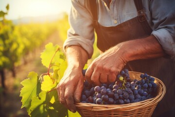 Farmer Harvesting Grapes in Vineyard at Sunset - obrazy, fototapety, plakaty