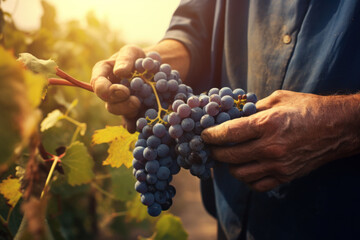 Farmer Harvesting Grapes in Vineyard at Sunset - obrazy, fototapety, plakaty