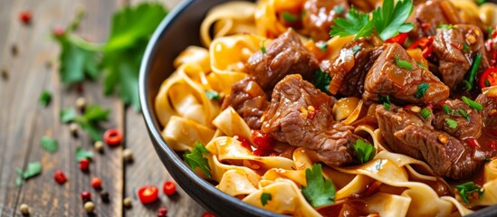 Savory Beef and Noodles Delight with a Touch of Parise, Gourmet Food Photography