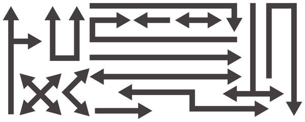 Straight long arrows. Horizontal black bold lines. Transport pointing element. Rectangular basic pin. Vector set - obrazy, fototapety, plakaty