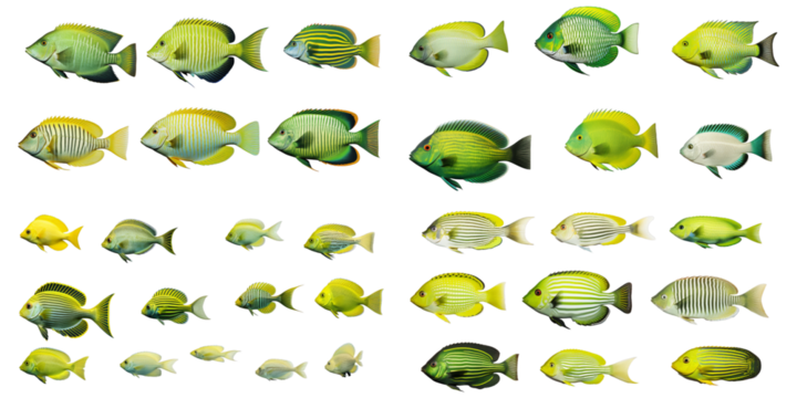Collection of green fish isolated on a white background as transparent PNG - Powered by Adobe