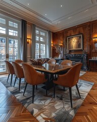 A luxurious dining room featuring a grand wooden table, complemented by leather chairs and a stately fireplace, set against intricately paneled wood walls