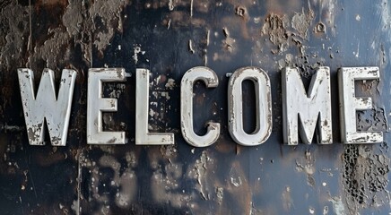 White Welcome concept creative horizontal art poster. Photorealistic textured word Welcome on artistic background. Ai Generated Hospitality and Greetings Horizontal Illustration.