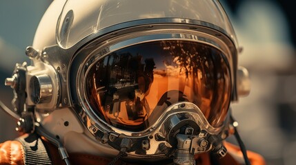 Astronaut Helmet with Reflection of Flames - obrazy, fototapety, plakaty