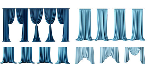 Collection of blue curtain isolated on a white background as transparent PNG