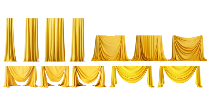 Collection of yellow curtain isolated on a white background as transparent PNG