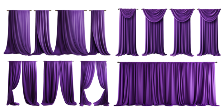 Collection of purple curtain isolated on a white background as transparent PNG