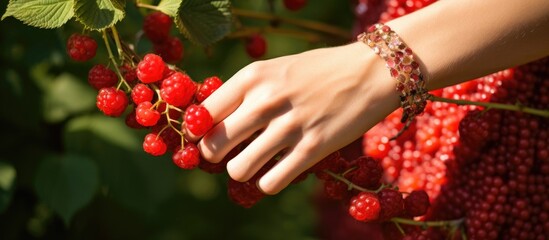 A close-up view of a person delicately holding a bunch of summer red berries in their hands, balancing them on their fingertips for a summery delight.