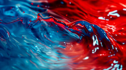 Abstract close-up of blue and red liquid waves, depicting motion and contrast in a dynamic fluid art piece.