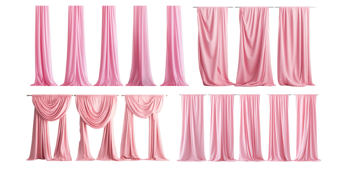 Collection of pink curtain isolated on a white background as transparent PNG