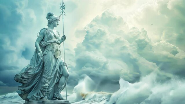 A magnificent statue of Athena, the ancient Greek goddess of wisdom, craft, and warfare