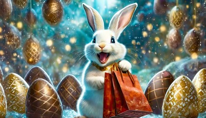 A ilustração de um coelho da páscoa alegre que está segurando sacolas de compras com ovos de páscoa de chocolate. Muitos ovos de páscoa de chocolate na composição.	 - obrazy, fototapety, plakaty