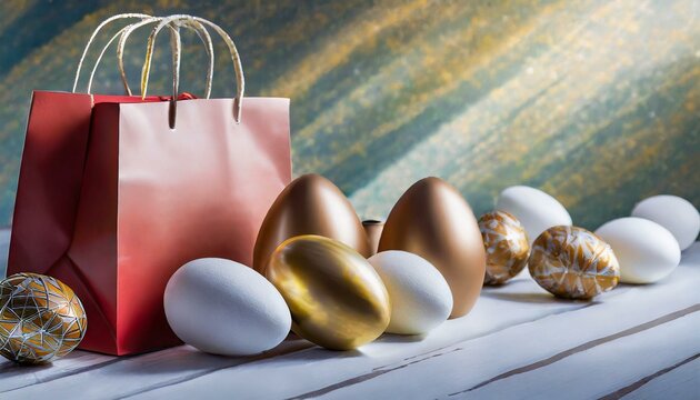 Ovos de páscoa de chocolate. Ovos de chocolate. Sacolas de compras na composição. ilustração