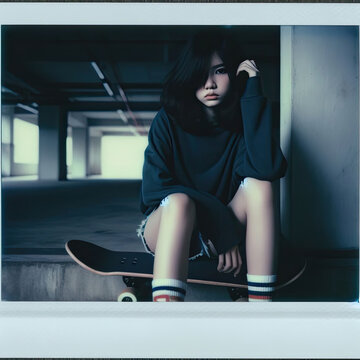 Portrait of a beautiful young asian woman with skateboard.