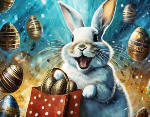 A ilustração de um coelho da páscoa alegre que está segurando uma sacola vermelha com ovos de páscoa de chocolate. Muitos ovos de páscoa de chocolate na composição. Ovos Dourados na cena.