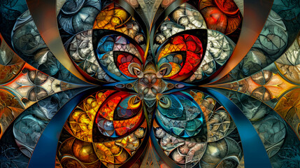 Intricate fractal art forming a kaleidoscope of vibrant colors, with complex patterns and a sense of symmetry.