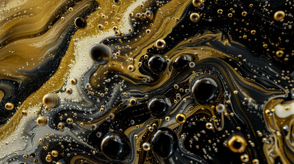 Macro shot of golden bubbles emerging from a viscous black fluid, creating a mesmerizing abstract texture.