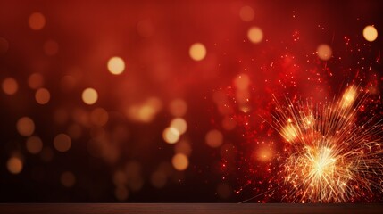 New year celebration with gold and red fireworks and bokeh effect on dark background